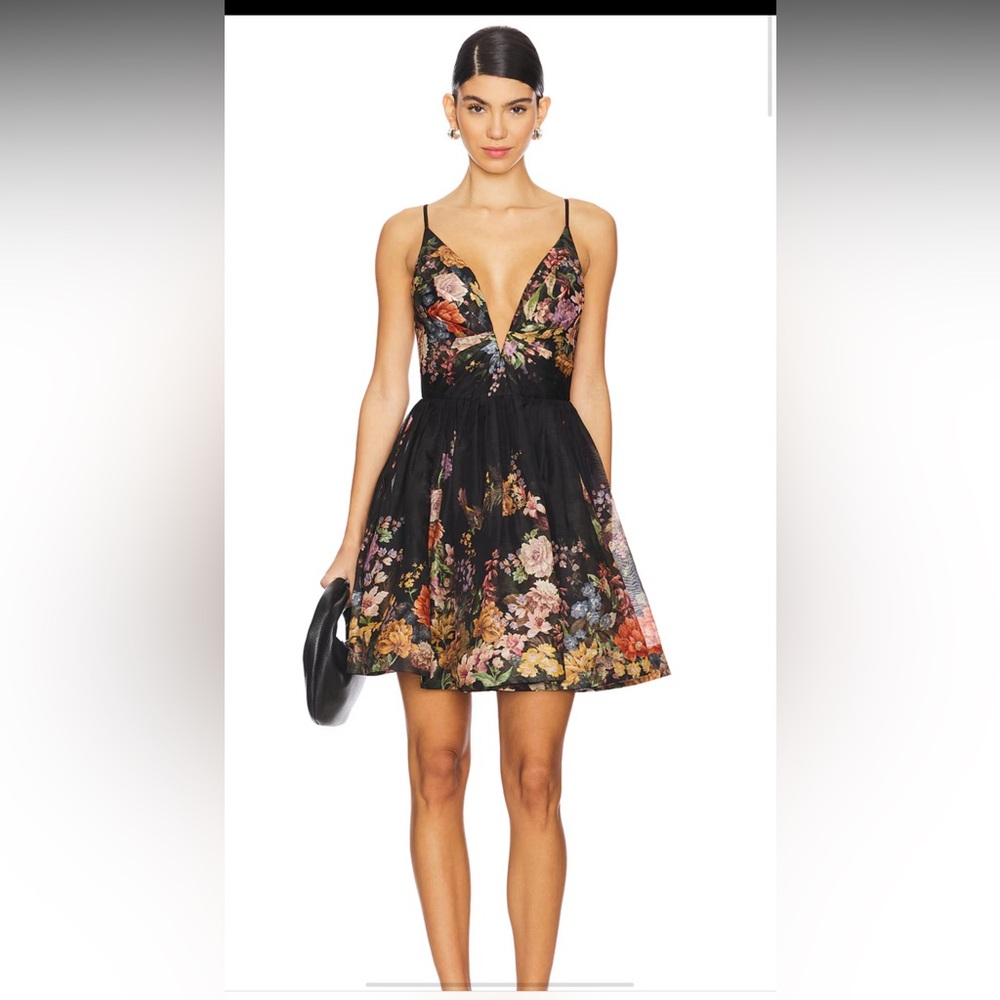 Zimmerman Pavilion V Neck Mini Dress in Black Multi Floral size 0